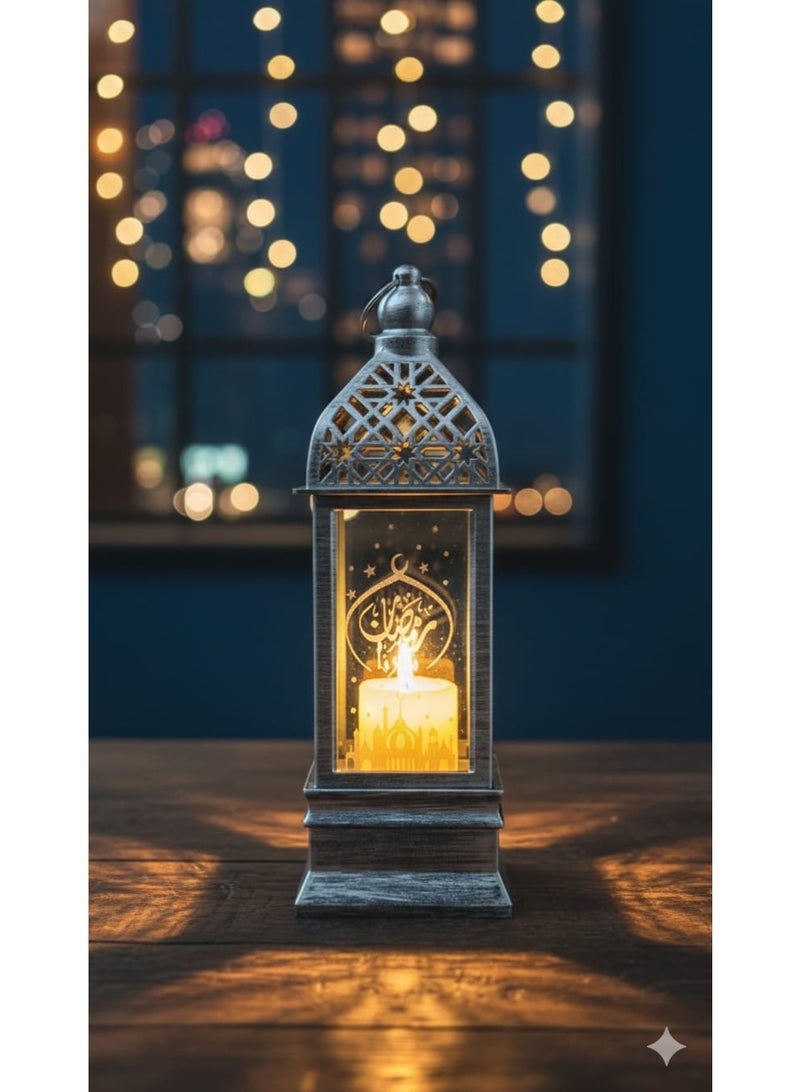 فانوس رمضان معدني عتيق مزود بإضاءة LED، زينة عيد مبارك للطاولة، مصباح إسلامي معلق